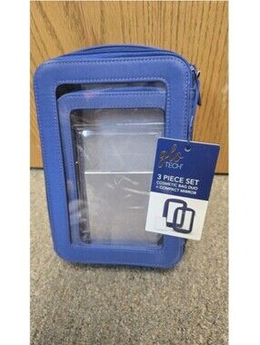 GloTech 3-Piece Navy Blue Cosmetic Travel Bag Set with Handle Compact Mirror New
